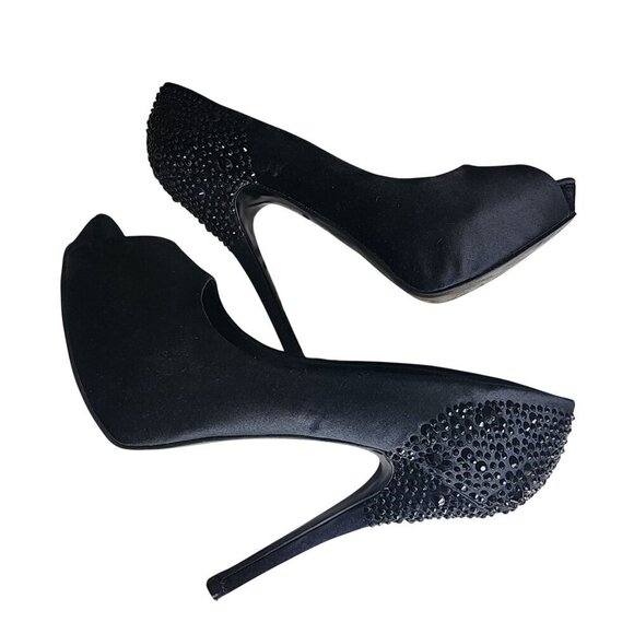 Aldo Black Satin Peep Toe High Heels With Rhinestone Embellished Heel Size 9 - Picture 9 of 14